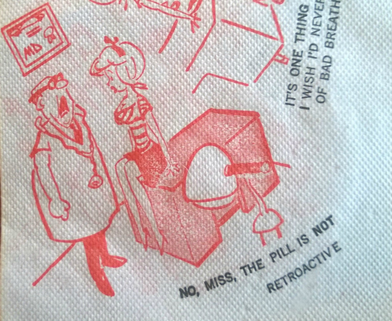 Illustration for article titled Artifact of the Day: This Cocktail Napkin Covered in Racy Jokes About the Pill and Pregnancy